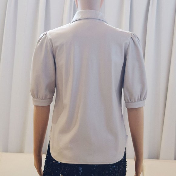 Faux Leather Puff Sleeve Button Front Top in Bone - Picture 8 of 12